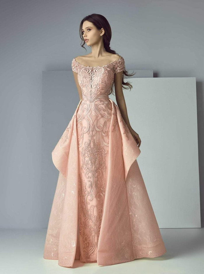 3155 Off-Shoulder Ruffled Overlay Gown