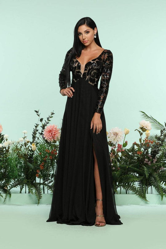 Zoey Grey - 31162 Sequined Long Sleeve Chiffon A-line Dress In Black and Neutral