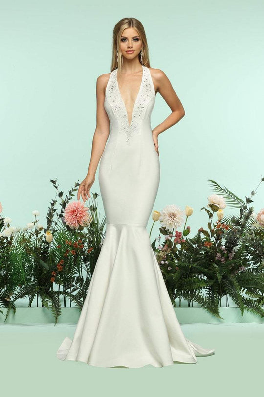Zoey Grey - 31164 Fitted Plunging Mermaid Gown In White