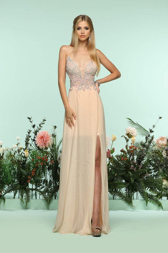 Zoey Grey - 31169 Beaded Plunging Dress with Slit In Pink