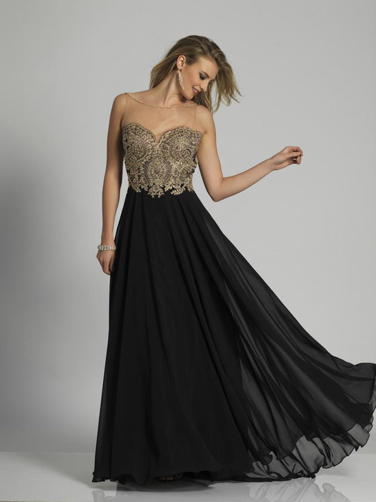 Dave & Johnny - 3116 Gilded Lace Illusion Long Gown in Black