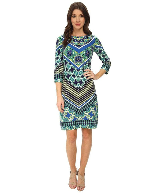 London Times - T1197M Printed Bateau Sheath Dress in Blue and Multi-Color