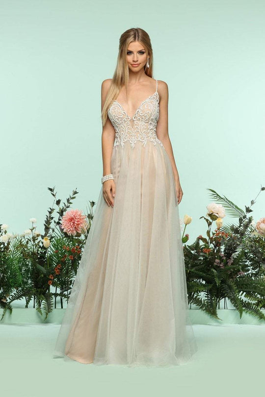 Zoey Grey - 31173 Beaded Deep V-neck Tulle A-line Dress In White and Neutral