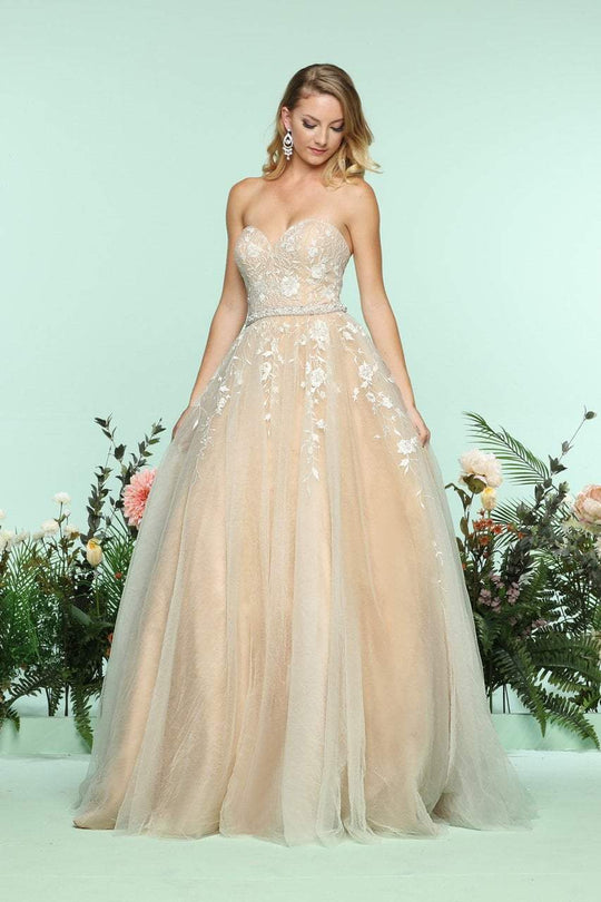 Zoey Grey - 31178 Strapless Appliqued Tulle Evening Gown In White and Neutral