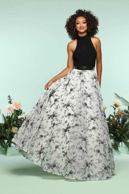 Zoey Grey - 31180 Solid High Neck Floral Print A-line Gown In Black and White