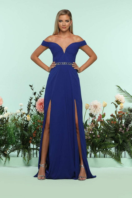 Zoey Grey - 31185 Ruched Plunge Off-Shoulder Dual Slit Gown In Blue