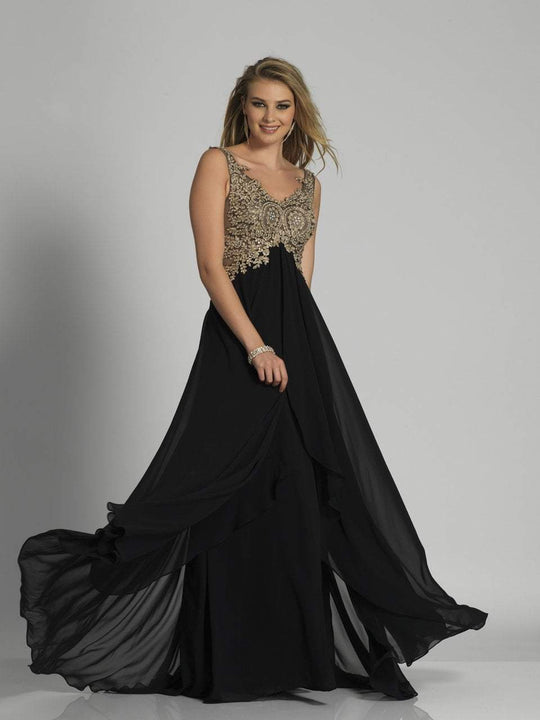 Dave & Johnny - 3118 Gilded Lace Peaked Basque Evening Gown in Black