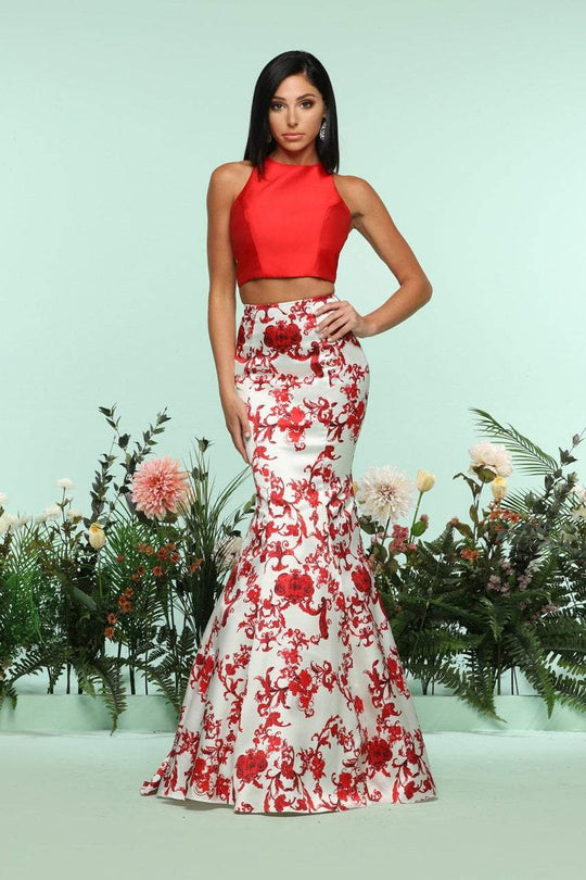 Zoey Grey - 31200 Two Piece Printed Mikado Mermaid Dress In Red and White