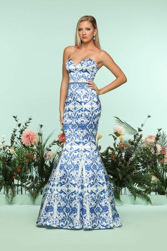 Zoey Grey - 31206 Beaded Sweetheart Print Mermaid Dress In White and Blue
