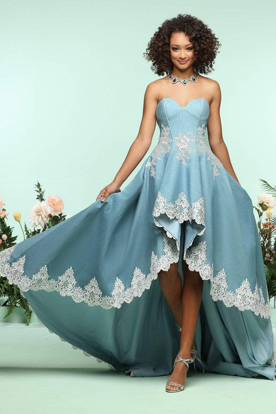 Zoey Grey - 31234 Strapless Lace Ornate High Low Denim Gown In Blue and White