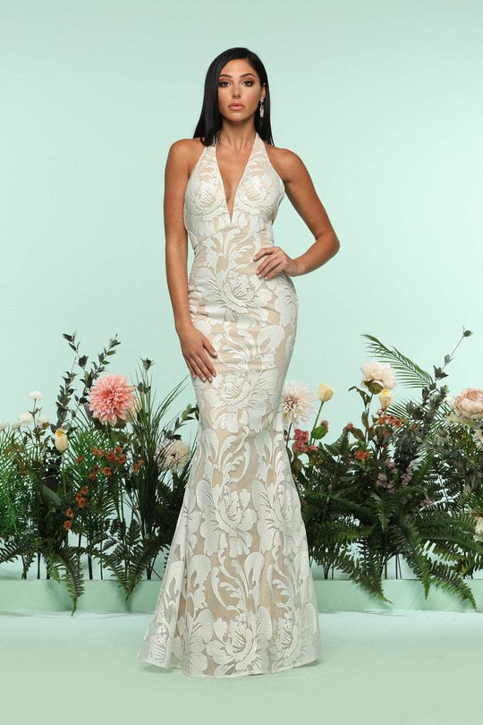 Zoey Grey - 31240 Sequined Deep Halter V-neck Jersey Dress In White and Neutral