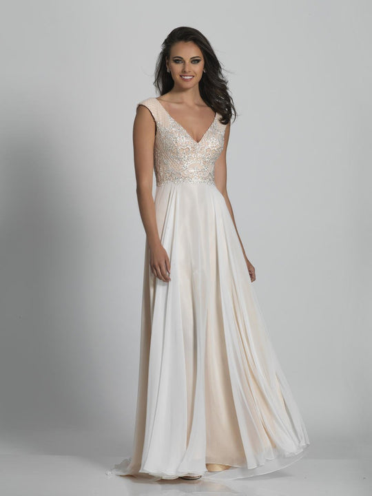 Dave & Johnny - 3124 Embellished Plunging V-neck A-line Dress in White