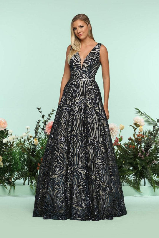 Zoey Grey - 31252 Sequined Deep V-neck A-line Dress In Blue and Neutral