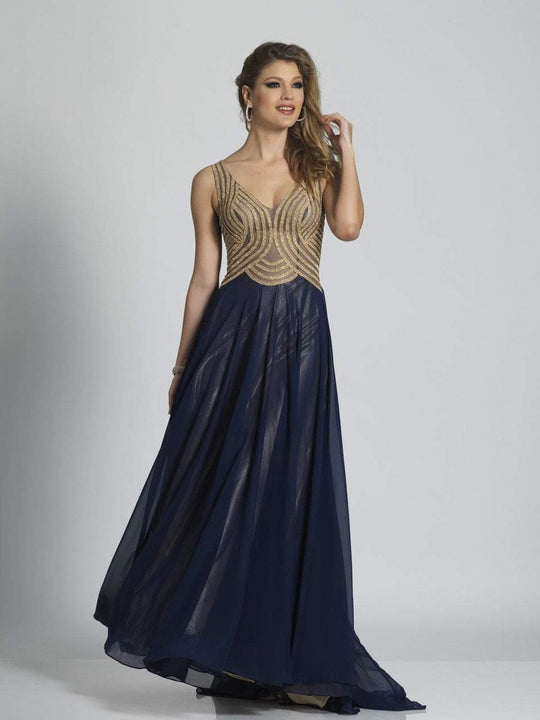 Dave & Johnny - 3125 Sleeveless Curvilinear Motif Evening Gown in Blue