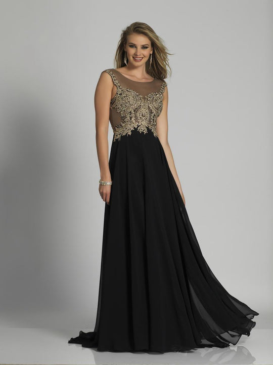 Dave & Johnny - 3126 Cap Sleeve Gilded Lace A-Line Gown in Black