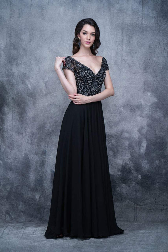 Nina Canacci - 3128 Short Sleeve Illusion Portrait Gown In Black