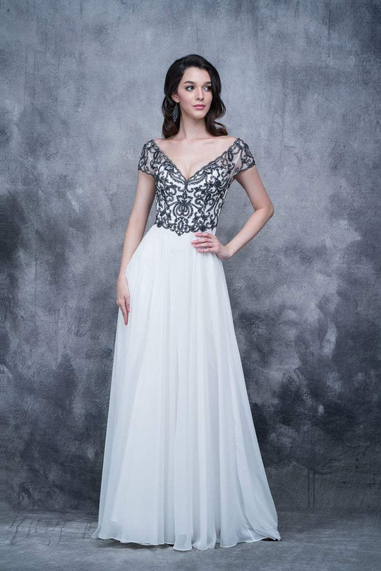 Nina Canacci - 3128 Short Sleeve Illusion Portrait Gown In White