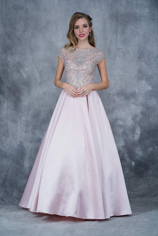 Nina Canacci - 3129 Embellished Illusion Bateau Pleated Ballgown In Pink