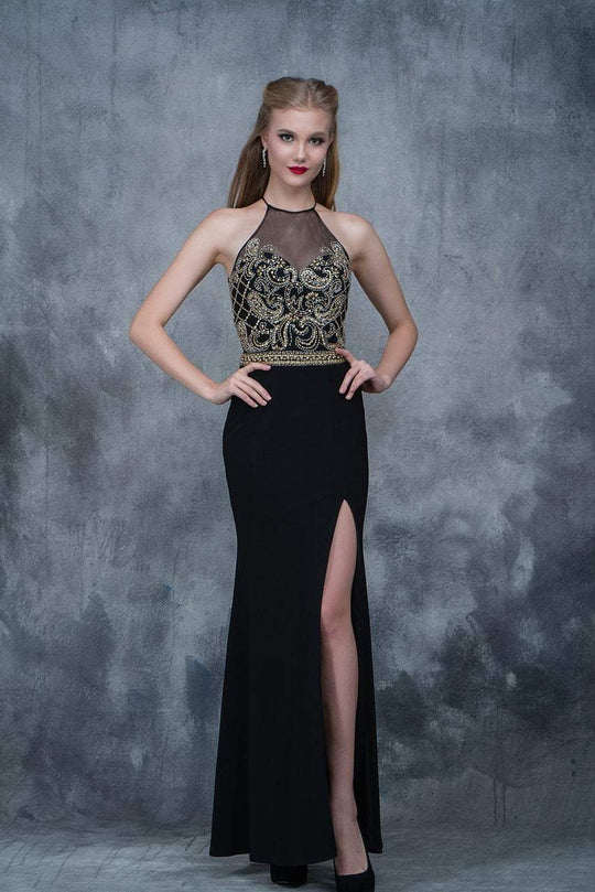 Nina Canacci - 3131 Bedazzled Illusion Halter Sheath Dress In Black and Gold