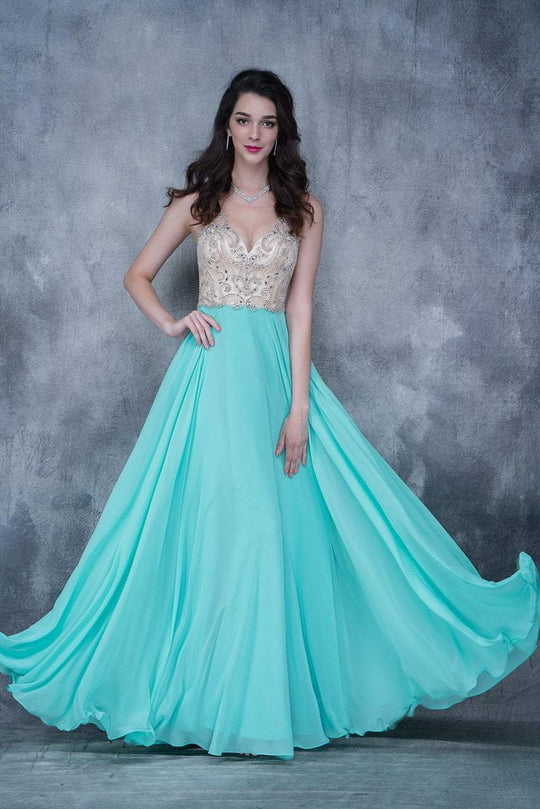 Nina Canacci - 3132 Bejeweled Illusion Scoop A-line Dress In Neutral and Green