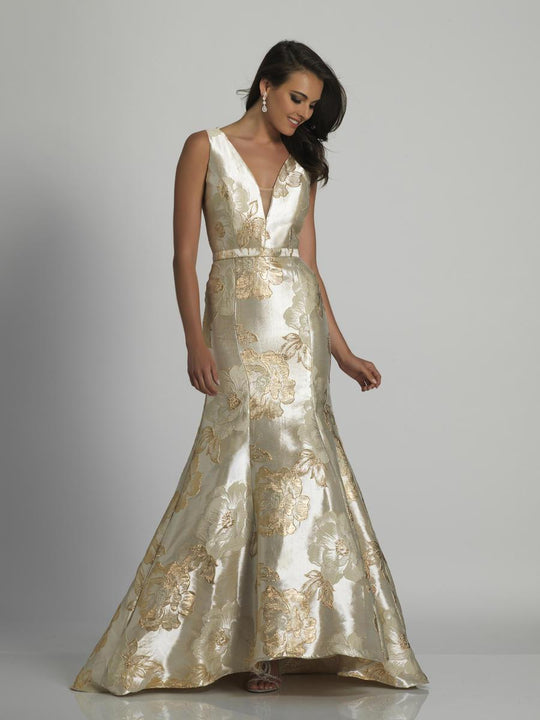 Dave & Johnny - 3137 Floral Details Deep V-neck Mermaid Dress in Gold and Gray