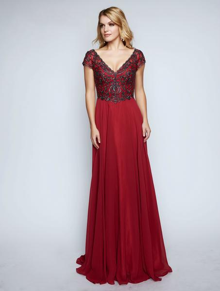 Nina Canacci - 3141 Elegant Beaded Bodice V Neck A Line Gown In Red