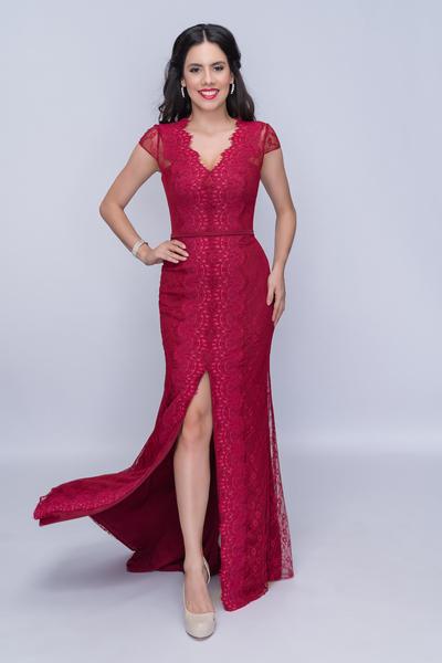 Nina Canacci - 5139 Lace Cap Sleeve V-neck Trumpet Dress In Red