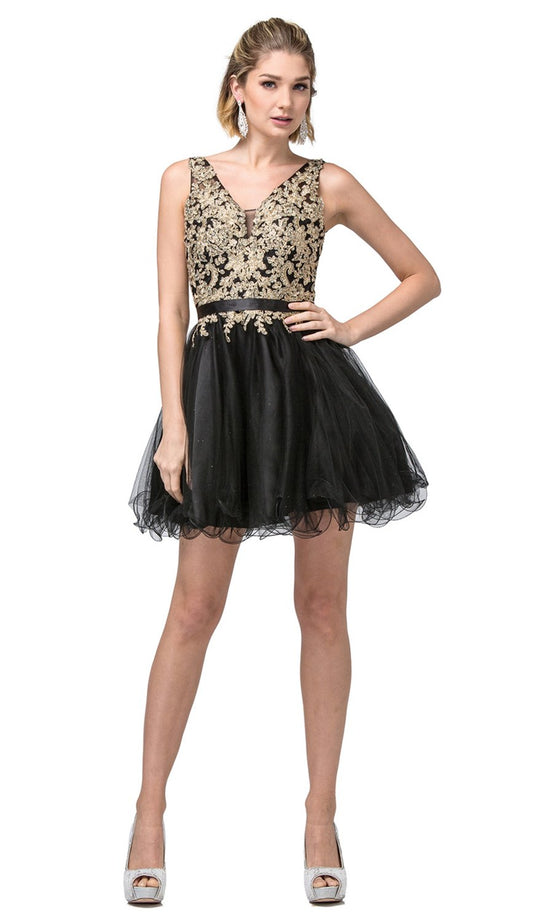 Dancing Queen - 3150 Appliqued Lace Bodice Tulle Dress In Black and Gold