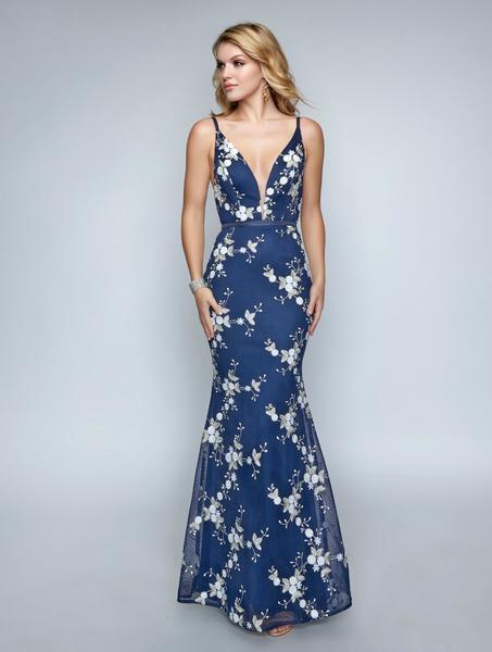 Nina Canacci - 3150 Floral Embroidered Deep V-neck Trumpet Dress