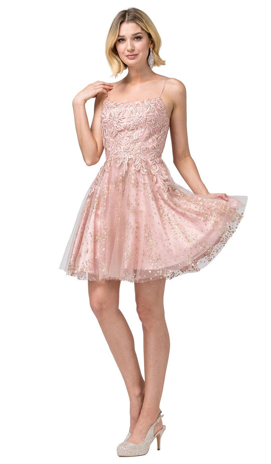 Dancing Queen - 3158 Embroidered Foliage Short A-Line Dress In Pink