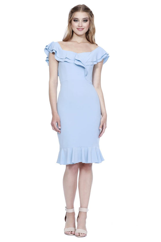 Shail K - 31600 Ruffled Off-Shoulder Spandex Sheath Dress in Blue