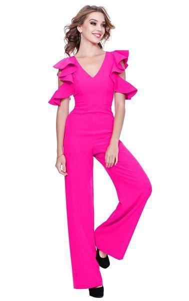 Shail K - 31665 V Neck Ruffled Cold Shoulder Jumpsuit In Pink