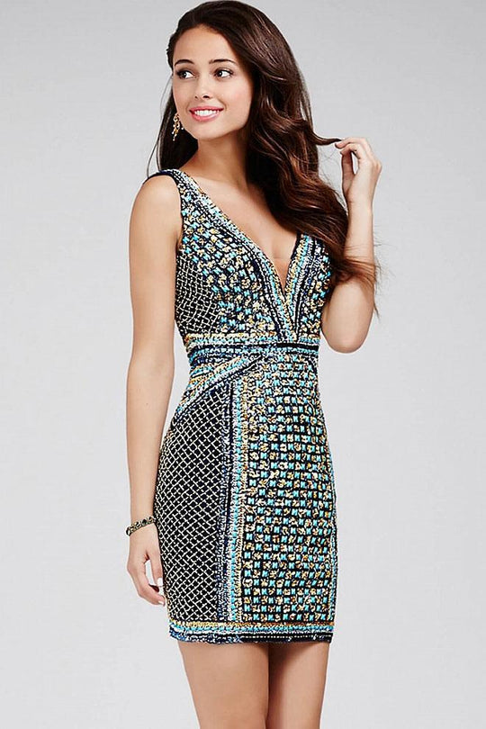 31696 Multi-Colored Embellished V-neck Dress