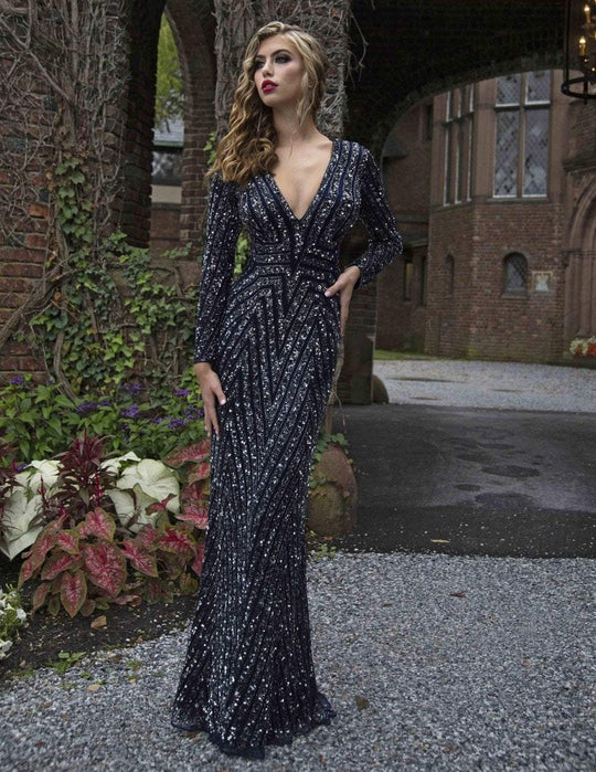Primavera Couture - 3171 Geometric Sequined Long Sleeve Gown In Blue