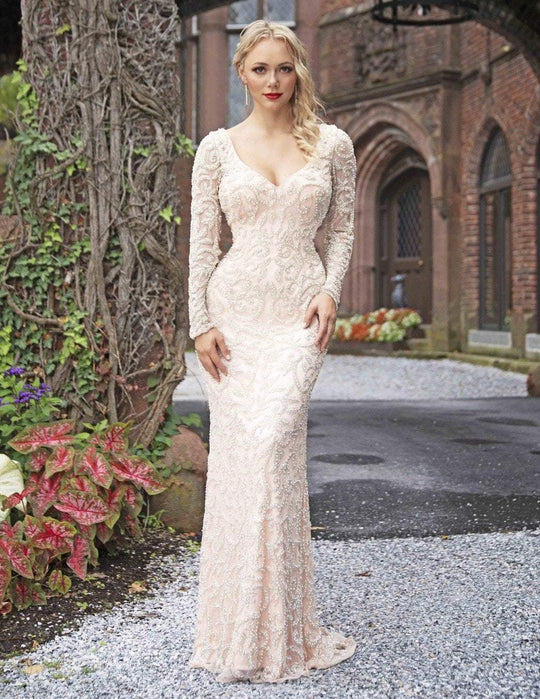 Primavera Couture - 3173 Scroll Motif Beaded Long Sleeve Sheath Gown In Pink and Silver