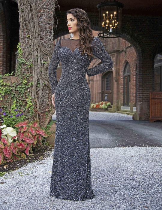 Primavera Couture - 3180 Sequined Long Sleeves Evening Gown In Gray