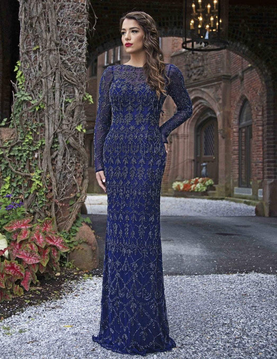 Primavera Couture - 3181 Sequined Long Sleeves Sheath Gown In Blue