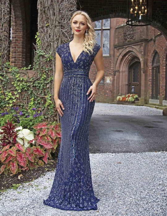 Primavera Couture - 3183 Sequined Cap Sleeves Evening Gown In Blue
