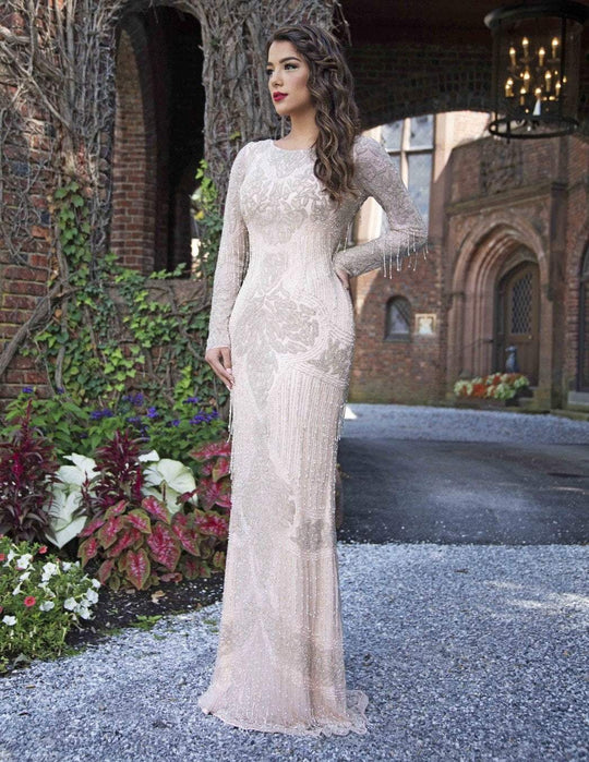 Primavera Couture - 3186 Sequined Long Sleeves Sheath Gown In Pink and Silver