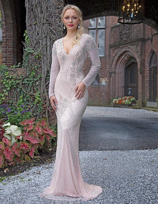 Primavera Couture - 3189 Bead Embellished Long Sleeves Gown In Pink and Silver