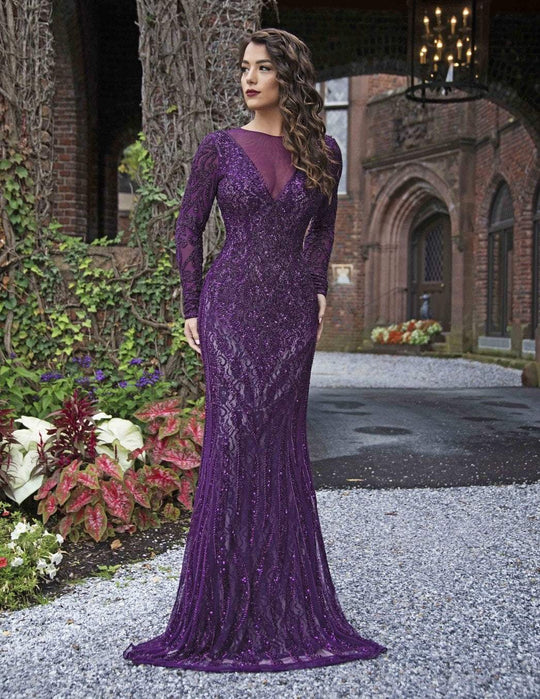 Primavera Couture - 3192 Sequined Long Sleeves Sheath Gown In Purple