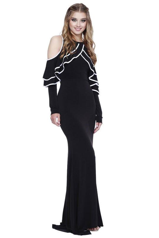 Shail K - 31924L Ruffled Cold Shoulder Fitted Evening Dress in Black and White