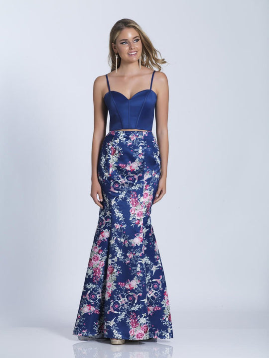 Dave & Johnny - 3195 Floral Print Two Piece Trumpet Dress in Blue and Print