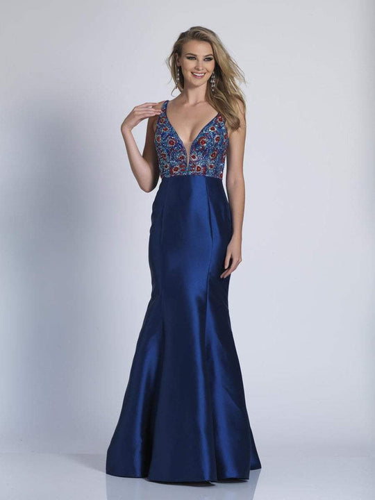 Dave & Johnny - 3198 Beaded Deep V-neck Trumpet Dress in Blue