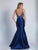 Dave & Johnny - 3198 Beaded Deep V-neck Trumpet Dress in Blue