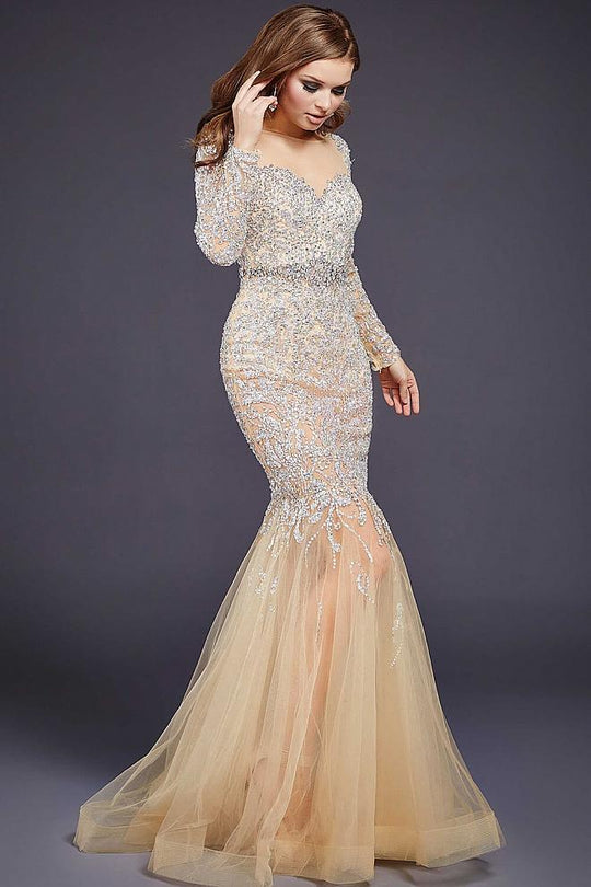 32006 Crystal Embellished Long Sleeve Gown