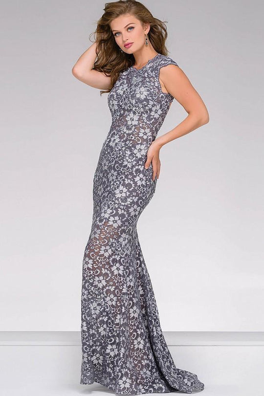 Jovani - 32020 Lace Fitted Dress with Open Back in Gray