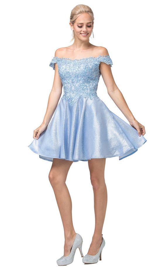 Dancing Queen - 3203 Appliqued Bodice Off Shoulder A-Line Dress In Blue