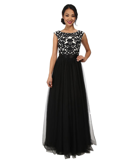 Aidan Mattox - 54458190 Bateau Cap Sleeves Lace Long Dress in Black