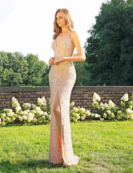 Primavera Couture - 3209 Sequined Embellished Plunging V Neck Gown In Pink and Silver